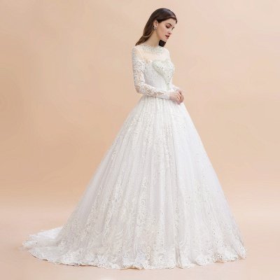 Long Sleeve Jewel Applique A Line Wedding Dresses | Crystal Wedding Gown_7