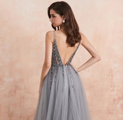 Sexy Long A-line V-neck Tulle Beading Open Back Prom Dress with Slit_3