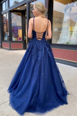 Gorgeous Long A-line V-neck Tulle Open Back Prom Dress with Appliques Lace_3