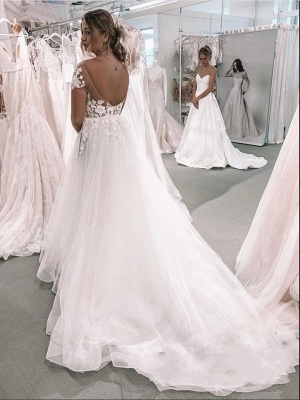 Gorgeous Long A-line Tulle Lace Backless Wedding Dress with Sleeves_3