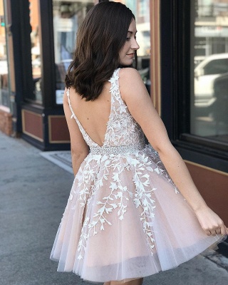 Elegant Wide Straps V-neck Appliques Lace A-line Tulle Beading Short Prom Dress_3