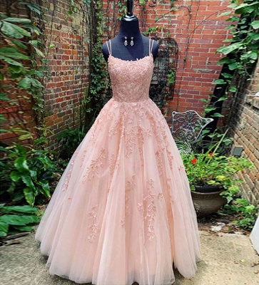 Elegant Spaghetti Strap Strapless Backless Applique Lace A Line Prom Dresses | Sleeveless Evening Dresses_3
