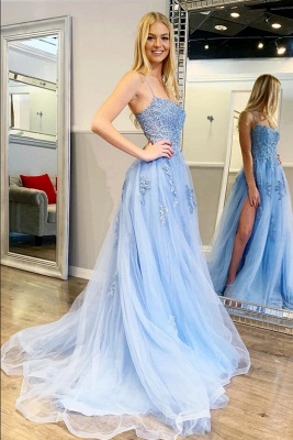 Beautiful Spaghetti Straps Appliques Lace Backless Tulle A-Line Prom Dress With Split_2