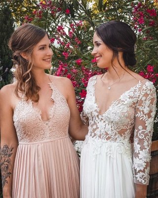 Jewel Long Sleeve Lace A Line Beach Wedding Dresses_4