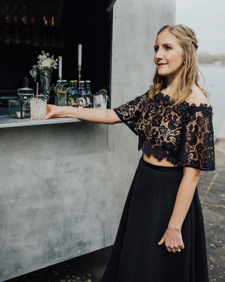 Glamorous Off The Shoulder Black Chiffon Lace Prom Dresses With Half Sleeves_4