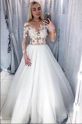 Modest A-line Tulle Floor-length Long Sleeves Wedding Dress with Appliques Lace_2