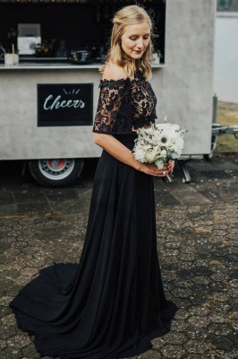 Glamorous Off The Shoulder Black Chiffon Lace Prom Dresses With Half Sleeves_1