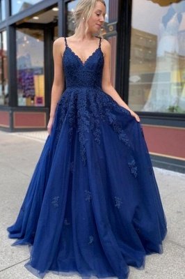 Gorgeous Long A-line V-neck Tulle Open Back Prom Dress with Appliques Lace_1