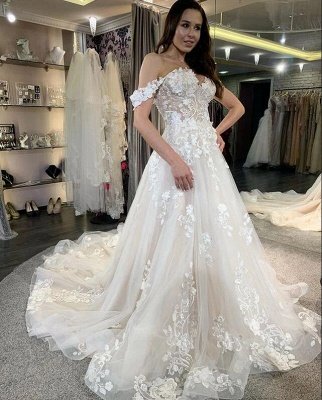 Beautiful Long A-line Off-the-shoulder Tulle Wedding Dress with Lace Appliques_4