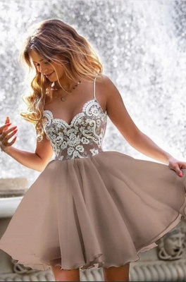 Stunning Chiffon Spaghetti Straps A-line Appliques Lace Ruched Short Prom Dress_2