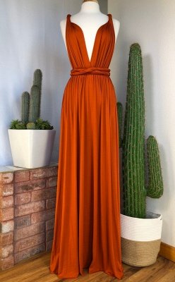 Orange Convertible Pleated Floor Length Sheath Bridesmaid Dresses_2