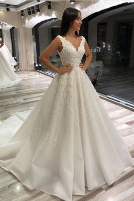 Beautiful Long A-line V-neck Sleeveless Lace-up Wedding Dress_1