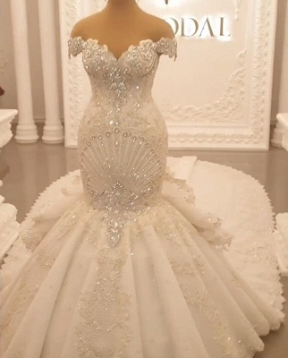 Gorgeous Off the Shoulder Sweetheart Crystal Ruffles Mermaid Wedding Dress_4