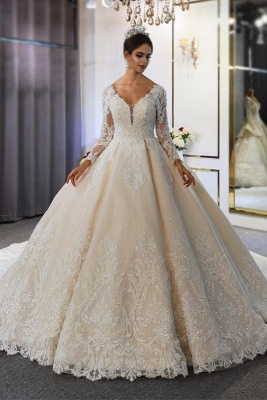 Long Sleeve Sweetheart Appliques Lace A-Line Ruffles Floor-length Wedding Dress_1