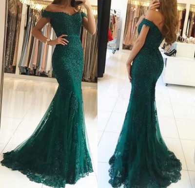 Vintage Long Off-the-shoulder Mermaid Tulle Lace Prom Dress with Appliques Lace_4