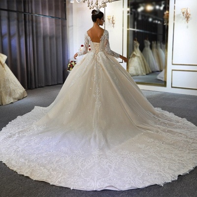 Long Sleeve Sweetheart Appliques Lace A-Line Ruffles Floor-length Wedding Dress_5