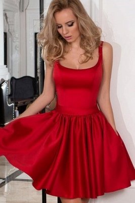 Charming Red Spaghetti Straps Party Dress A-line Satin Ruffles Short Prom Dress_1