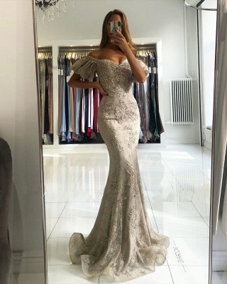 Elegant Off-the-shoulder Appliques Lace Backless Mermaid Evening Prom Dress_2
