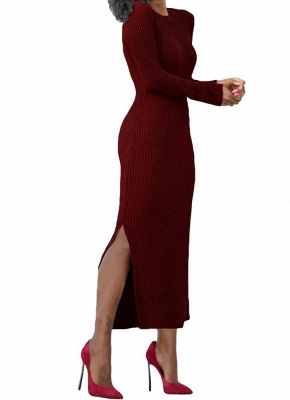 Dress Side Splits Rib Maxi Sweater Dress O-Neck Casual Slim Dress