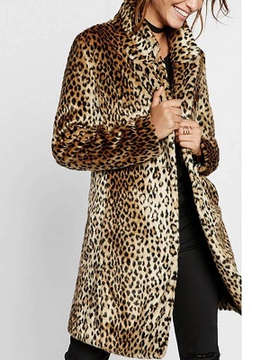 Brown Shawl Collar Leopard Print Fur and Shearling Coat_1