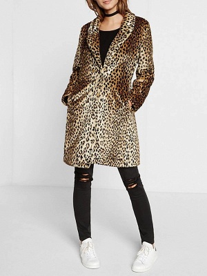 Brown Shawl Collar Leopard Print Fur and Shearling Coat_4