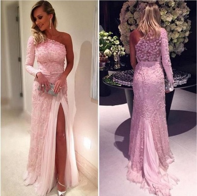 Split Lace Long-Sleeve Elegant Pink Evening Dresses_3