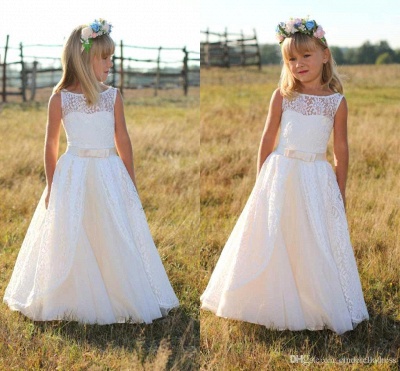 Sweet Floor Length Lace White Flower Girl Dresses with Sash_4