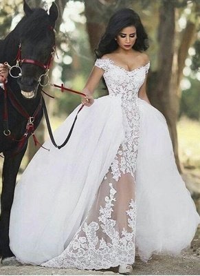 See Through Glamorous Off-the-Shoulder Overskirt Lace Detachable Wedding Dresses_2