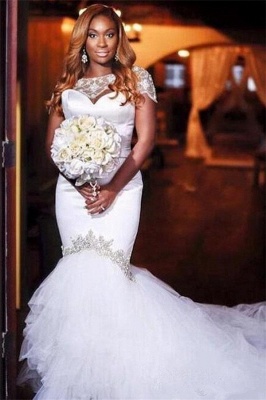 Jewel Short Sleeves Mermaid Wedding Dresses with Tiered Tulle Train_1