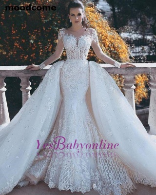 Glamorous Lace Mermaid Wedding Dresses | Long Sleeves Overskirts Bridal Gowns_1