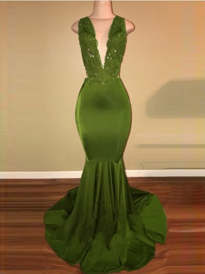 Elegant Mermaid Green Prom Dresses | Deep V-Neck Beaded Formal Dresses ...