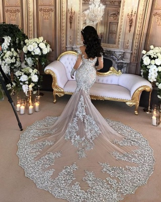 High-Neck Silver Long-Sleeve Lace Charming Mermaid Wedding Dresses_3