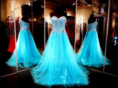 Blue Crystals Sweetheart Long Tulle A-line Luxurious Beaded Evening Dresses_3