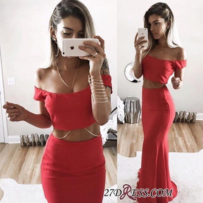Long Two-Piece Mermaid Sexy Off-Shoulder Red Prom Dress_1