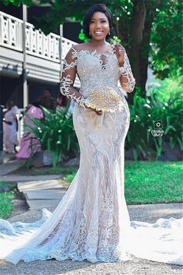 Jewel Sheer Long Sleeves Open Back Wedding Dresses with Lace Details_1