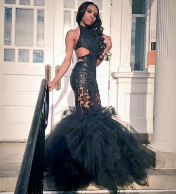 Sexy Black Mermaid Prom Dresses Lace Appliques  Backless Evening Gowns_4