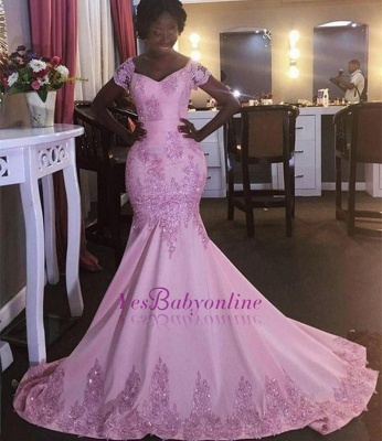 Pink Mermaid Prom Dresses Off-the-Shoulder Appliques long Evening Gowns_1
