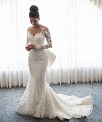 Mermaid Lace Wedding Dress with Sleeves | Bowknot Detachable Overskirt Bridal Gowns_3