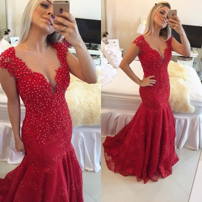 Mermaid Delicate Red V-neck Lace Cap-Sleeve Pearls Prom Dress ...