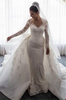 Mermaid Lace Wedding Dress with Sleeves | Bowknot Detachable Overskirt Bridal Gowns_1