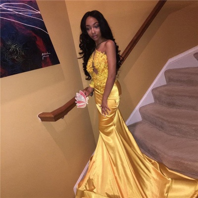 New Yellow Mermaid Prom Dresses | Halter Neck Appliques Evening Gowns_3