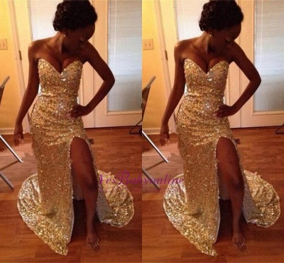 Gold Split Sweetheart Sequins Mermaid Sparkly Prom Dresses_1