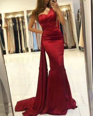 Charming Red One Shoulder Asymmetrical Mermaid Satin Prom Dress