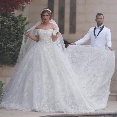 Arabic Off-Shoulder Ball-Gown Appliques Sweetheart Lace-Up-Back White Wedding Dress_3