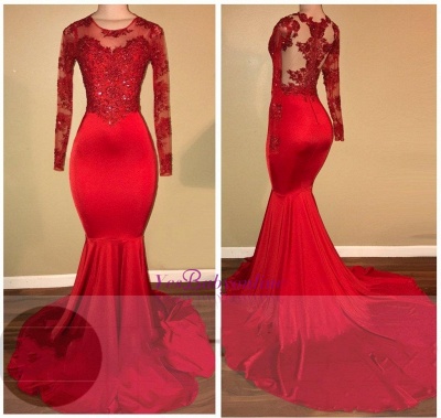 Mermaid Long-Sleeves Amazing Appliques Red Sheer Prom Dresses_1