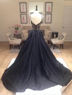 Long A-Line Applique Sleeveless Gorgeous V-Neck Black Evening Dresses_3
