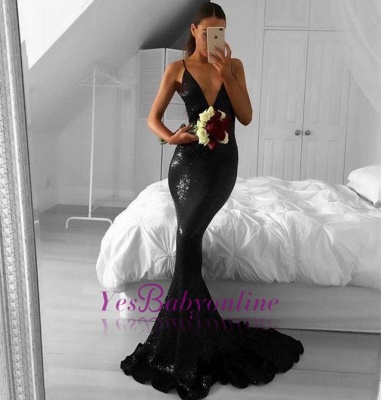 Sexy Sequined Black Sweep-Train Mermaid V-Neck Prom Dresses_3
