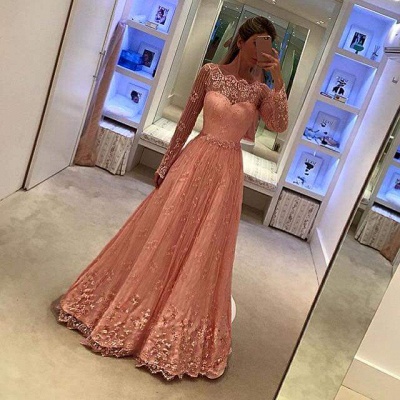 Appliques A-Line Lace Long-Sleeves Newest Prom Dress_3