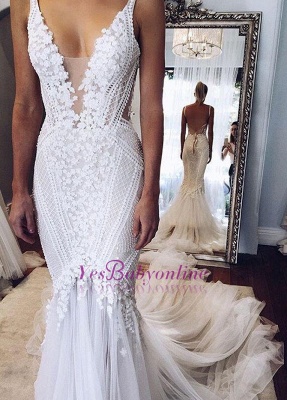 V-Neck Glamorous Open-Back Mermaid Appliques Wedding Dress_1