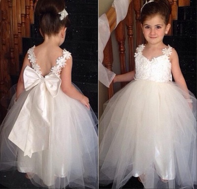 Sweet Tulle Lace Applique Flower Girl Dresses | Backless Long Bowknot Children Gowns BO8533_1